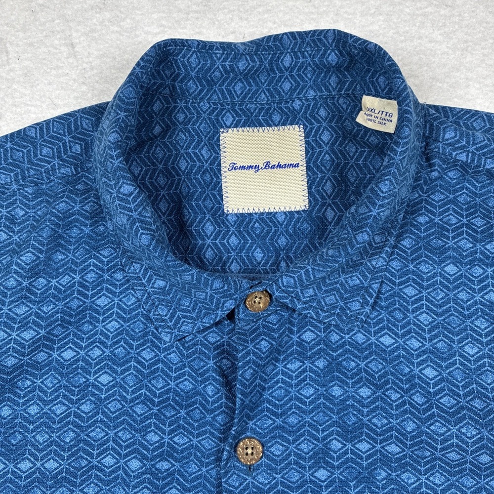 Tommy Bahama Silk Shirt Mens 2XL XXL Blue Geometric Beach Vacation Resortwear